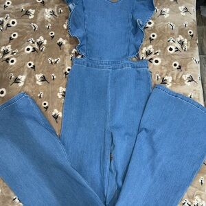 Blue Denim Flare Jumpsuit with Square Neckline